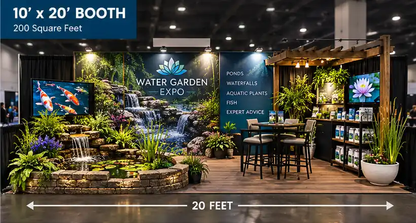 Example 10 by 20 foot booth with a pond, waterfall and pergola