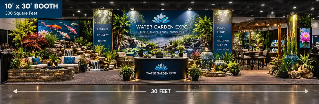 Example 10 by 30 foot booth with waterfalls, lounge seating and a pergola